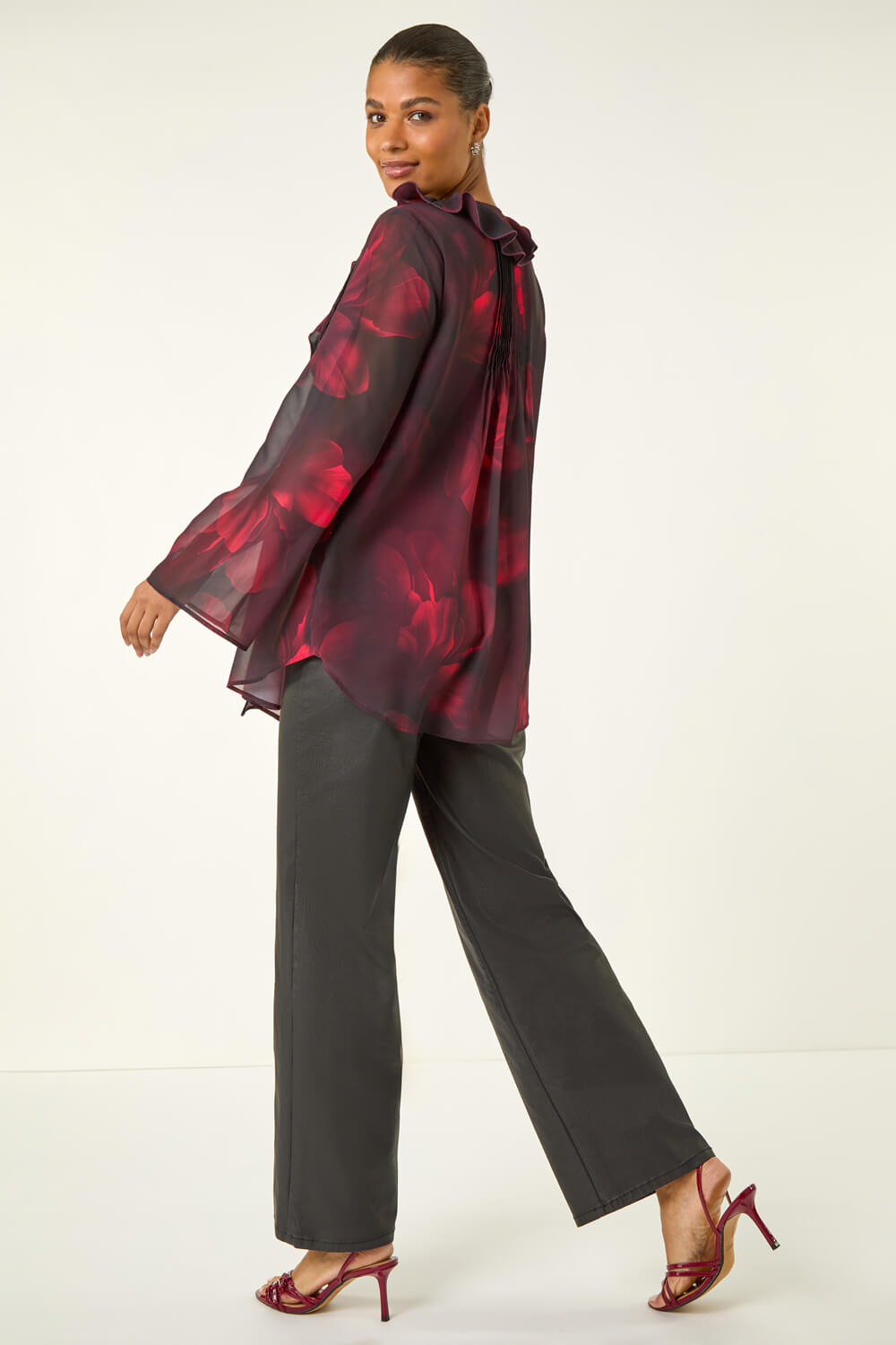 Red Printed Frill Front Blouse, Image 4 of 5