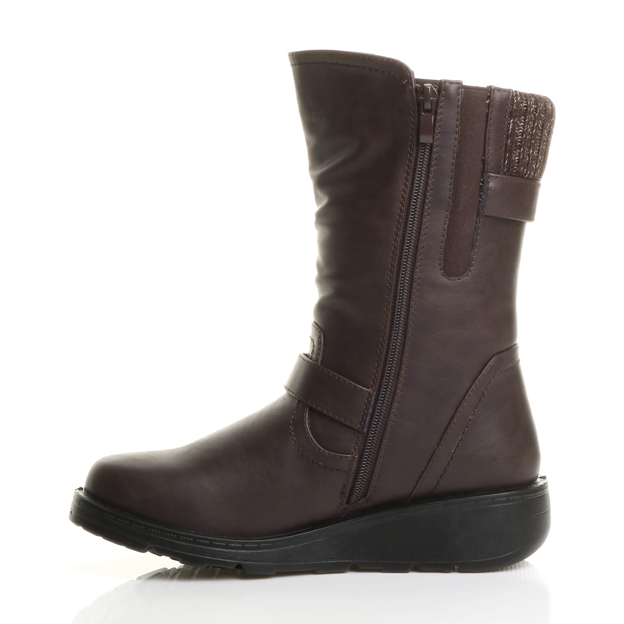 Brown AJVANI Brown Low Wedge Heel Comfort Calf Biker Boots, Image 3 of 6
