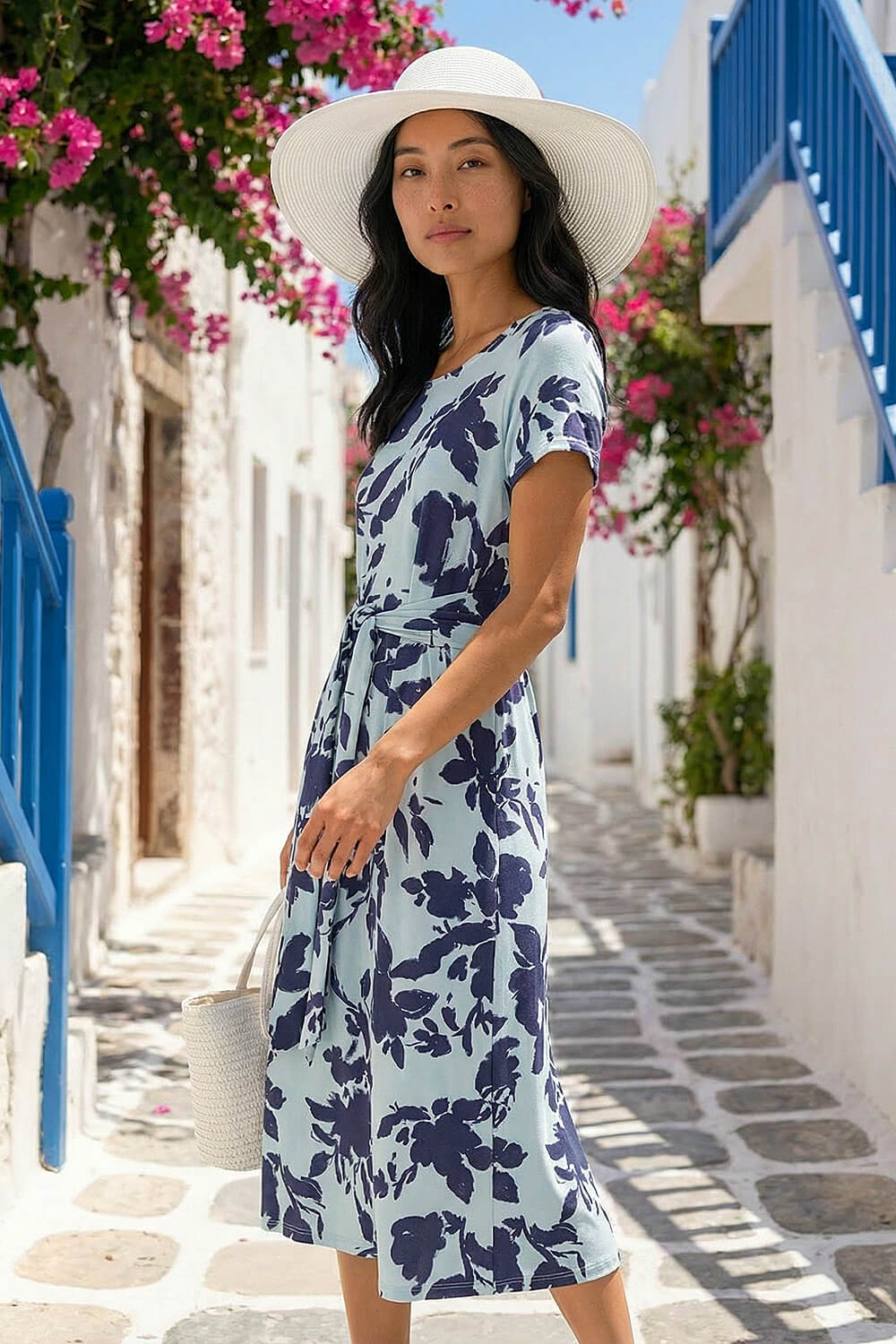 Blue Petite Floral Tie Front Stretch Midi Dress , Image 4 of 4