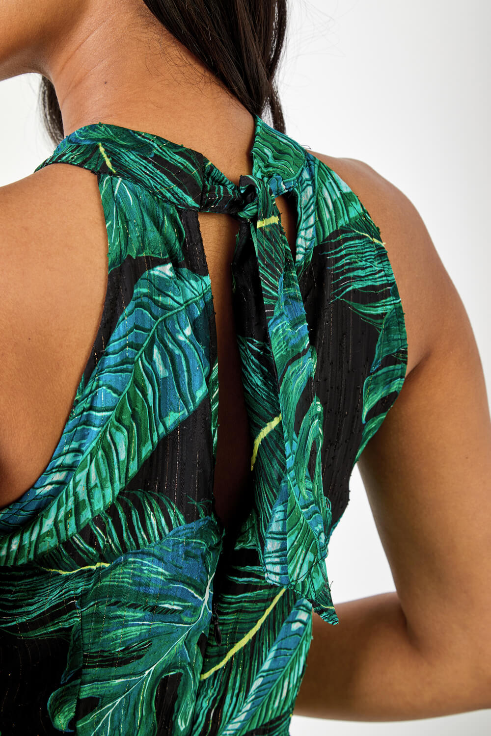 Green Textured Leaf Print Tiered Maxi Dress, Image 5 of 5