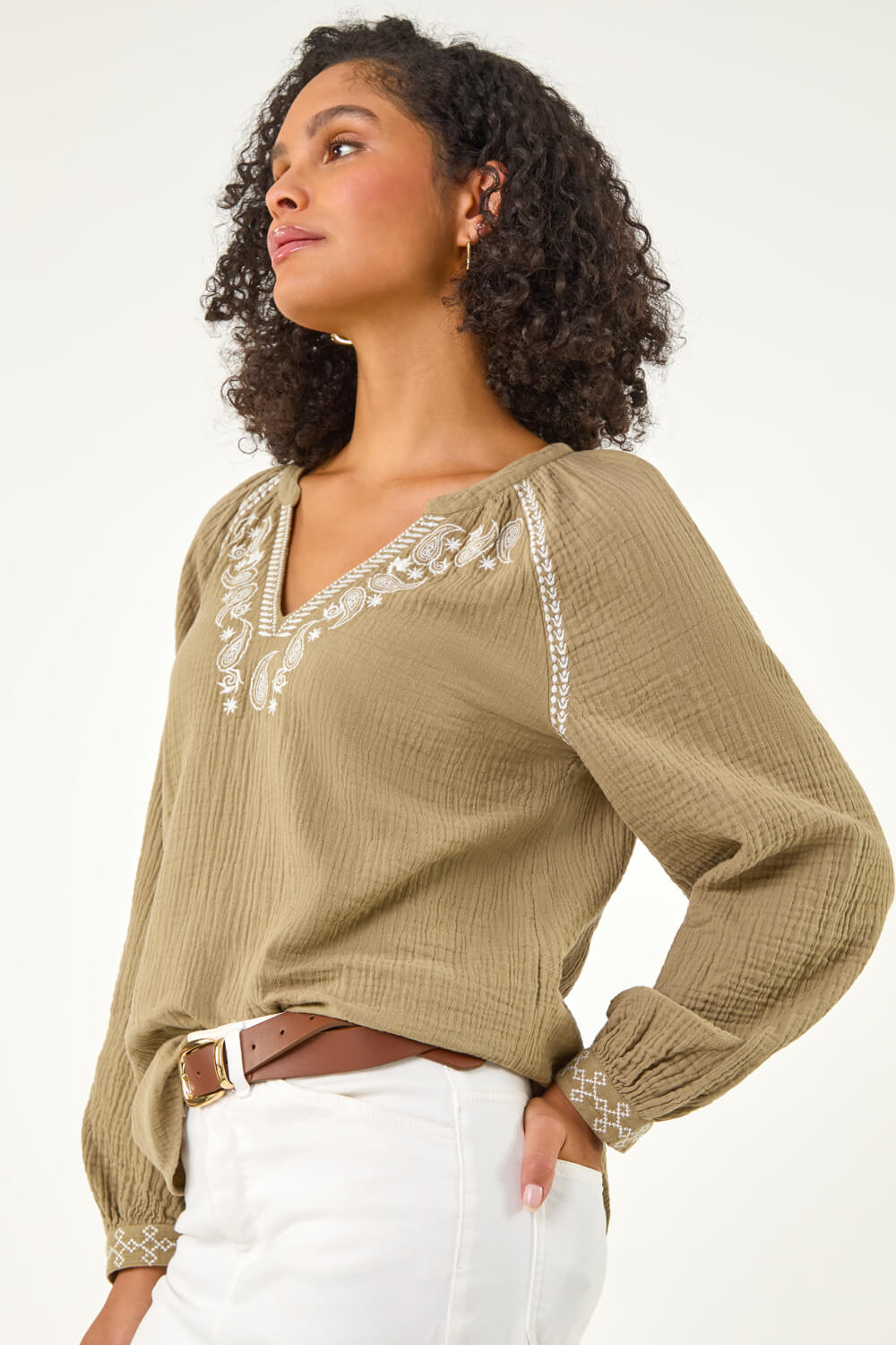 Roman Women's Khaki Embroidered Neck Top Size 18