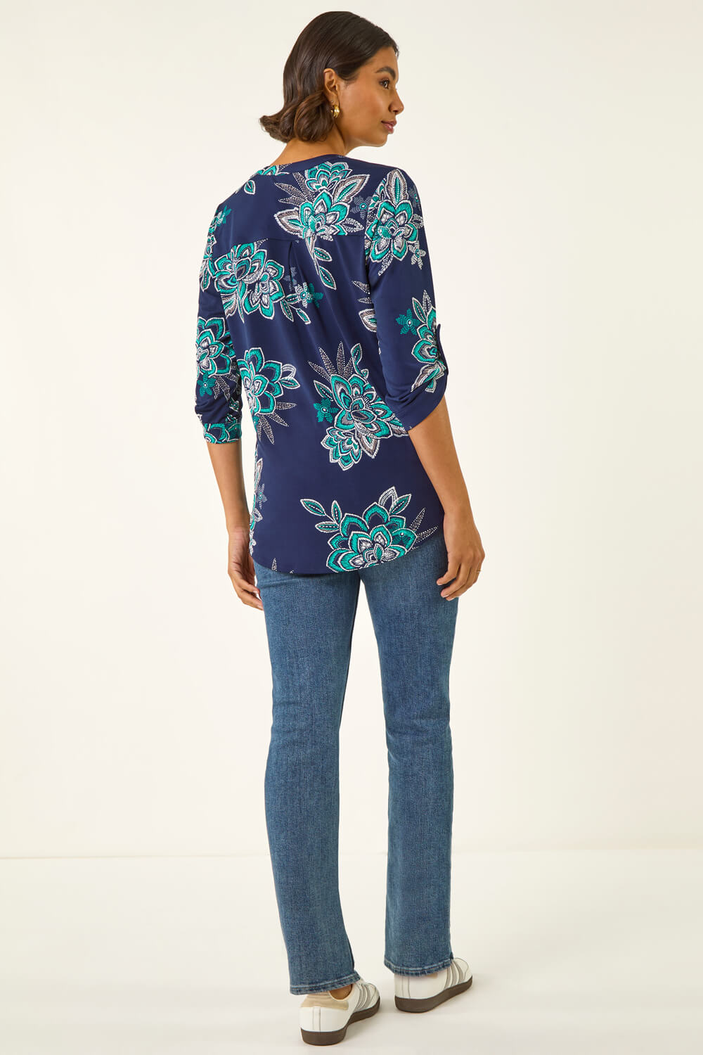 Turquoise Floral Puff Print Stretch Shirt, Image 4 of 5