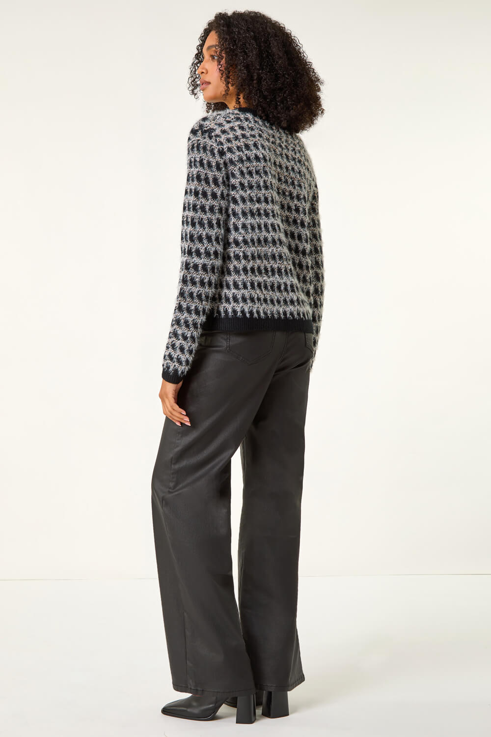 Black Textured Pattern Fluffy Knit Cardigan, Image 4 of 5