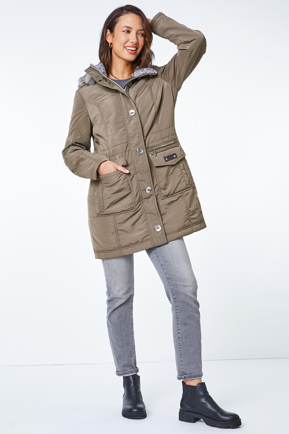 Khaki Faux Fur Trim Hooded Parka Coat , Image 3 of 5