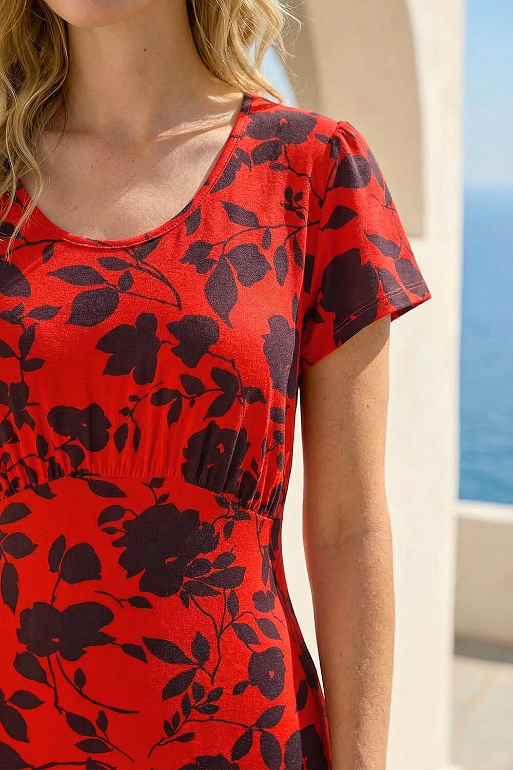 Red Ditsy Floral Print Stretch Dress, Image 5 of 4
