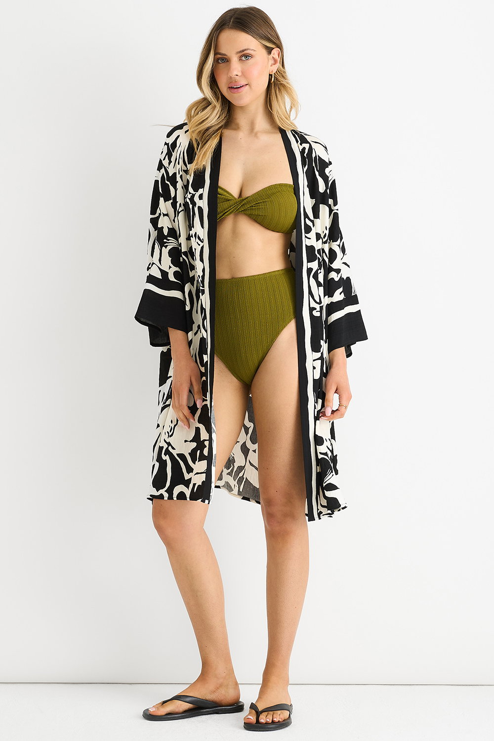 Gini London Black Summer Border Printed Beach Kimono, Image 1 of 4