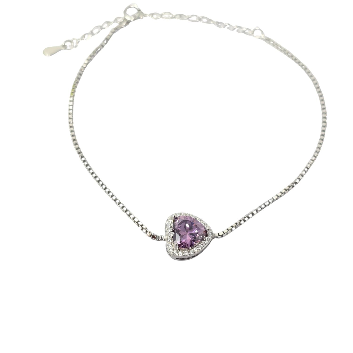 Metallic Amethyst February Birthstone Love Heart Charm Sterling Silver Bracelet