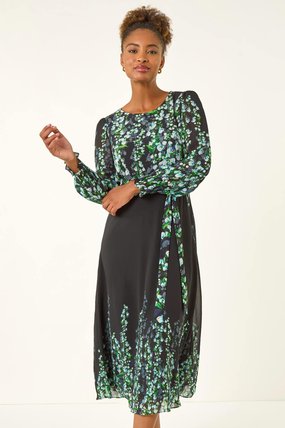 Blue Floral Border Belted Midi Dress, Image 5 of 5