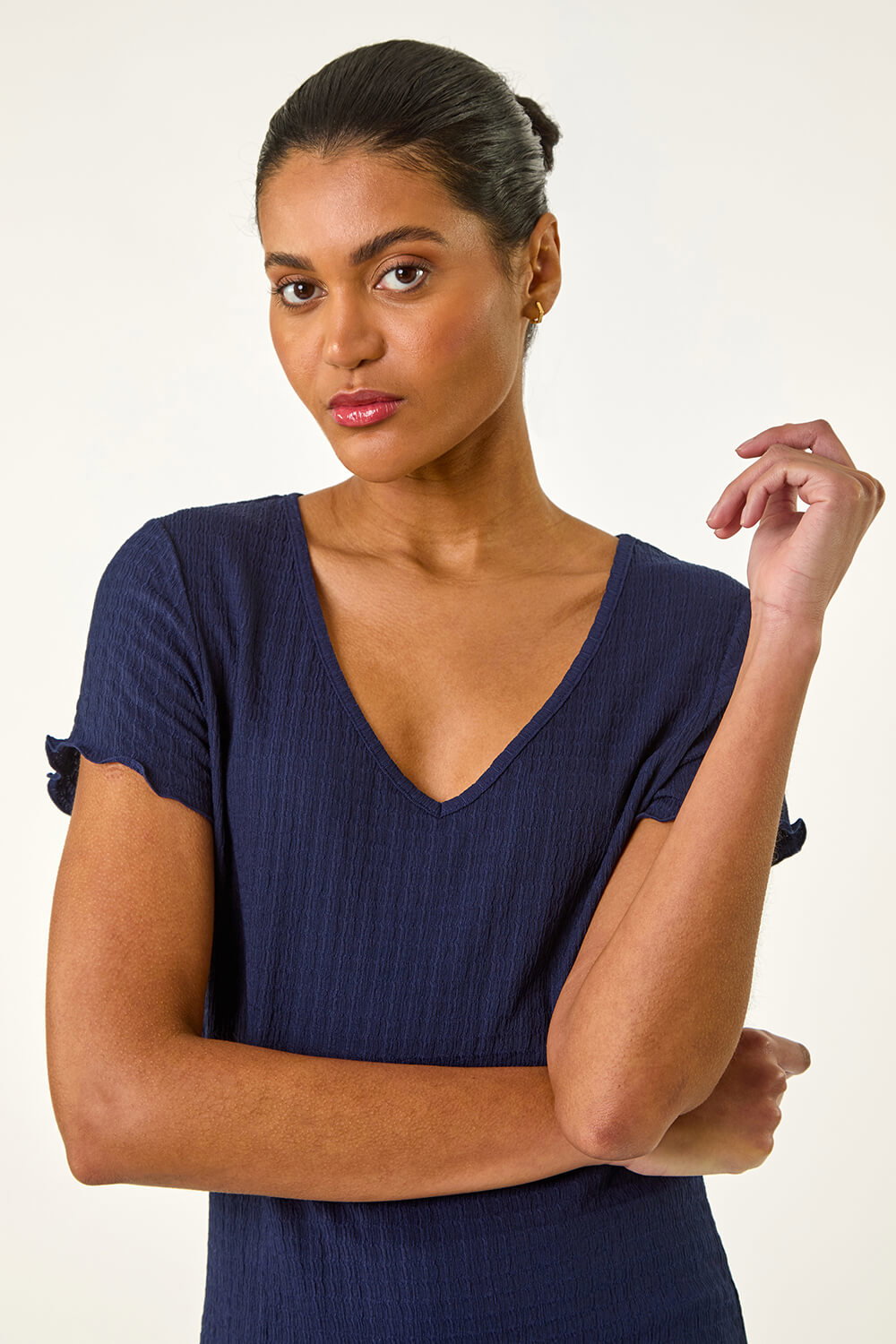Navy  Textured Lettuce Edge Top  , Image 5 of 5