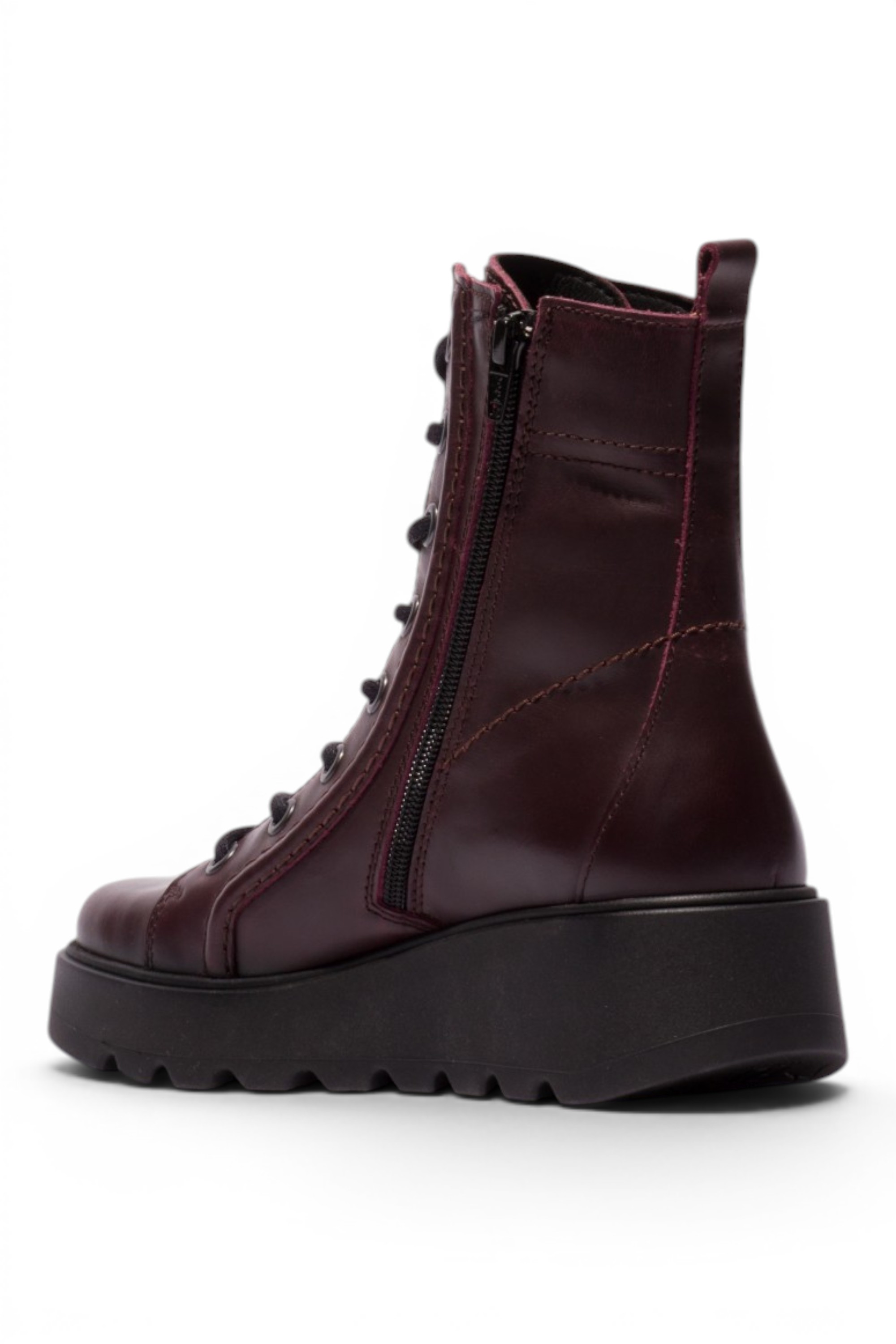 Wine Womens Leather Heel Combat Boots-TERY553, Image 4 of 5