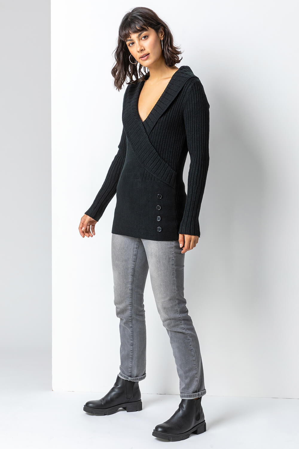 Black Longline Ribbed Overlap V-Neck Tunic Jumper, Image 4 of 5