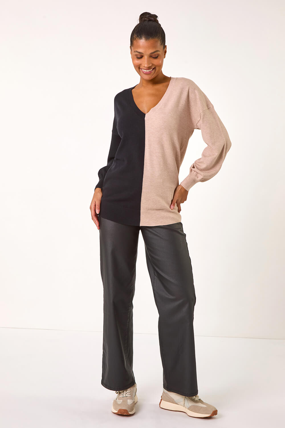 Natural  V-Neck Colour Block Knit Jumper, Image 3 of 7