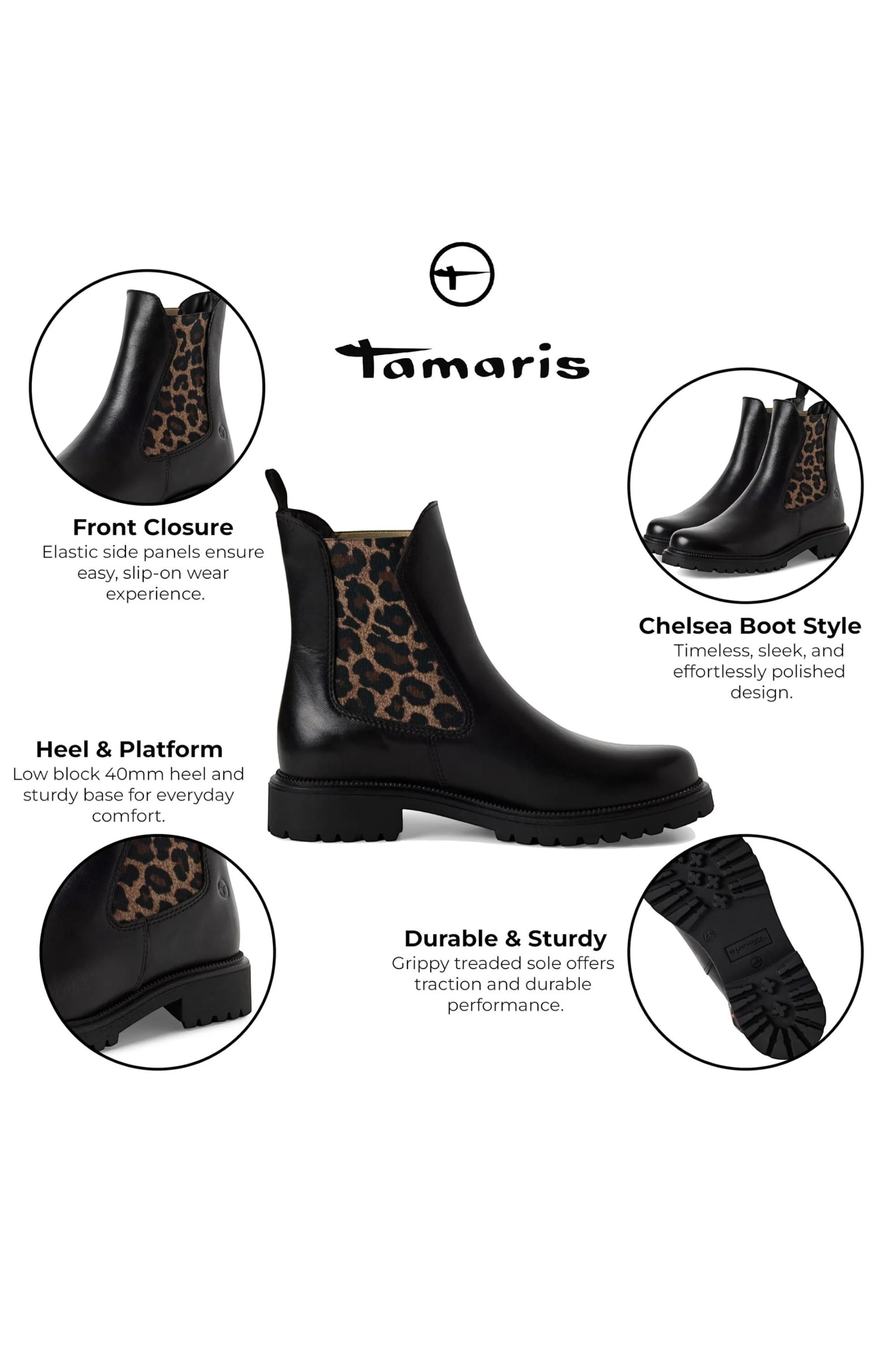 Black Tamaris Black Tamaris Black Leopard Chelsea Boots, Image 2 of 7