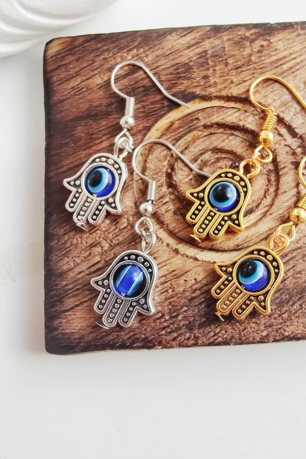 Silver The Colourful Aura Silver Hamsa Evil Eye Drop Earrings - Spinning Bead, Image 3 of 3