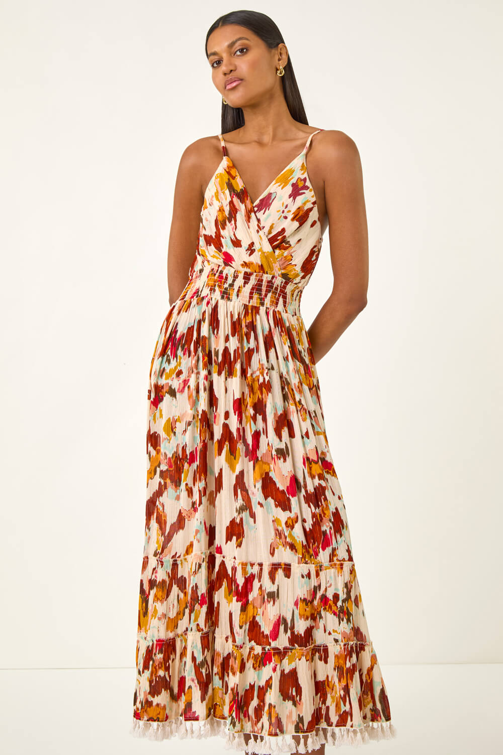 Rust Abstract Tassel Trim Maxi Dress, Image 1 of 5