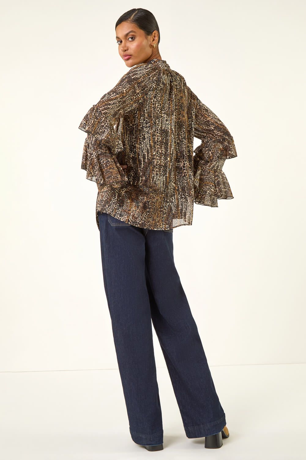 Beige Animal Print Tie Front Flared Top, Image 5 of 5