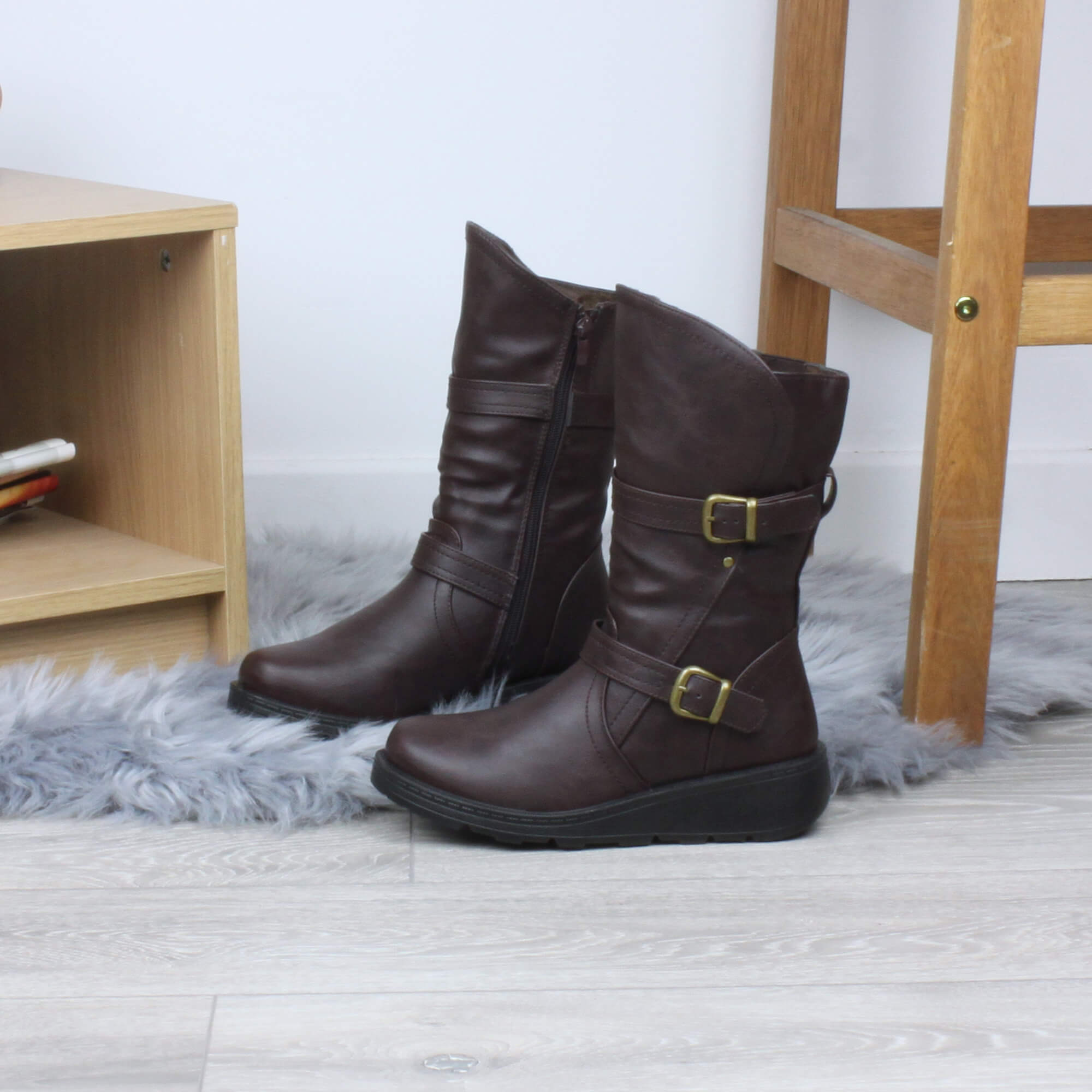 Brown AJVANI Brown Low Wedge Heel Comfort Calf Biker Boots, Image 4 of 6