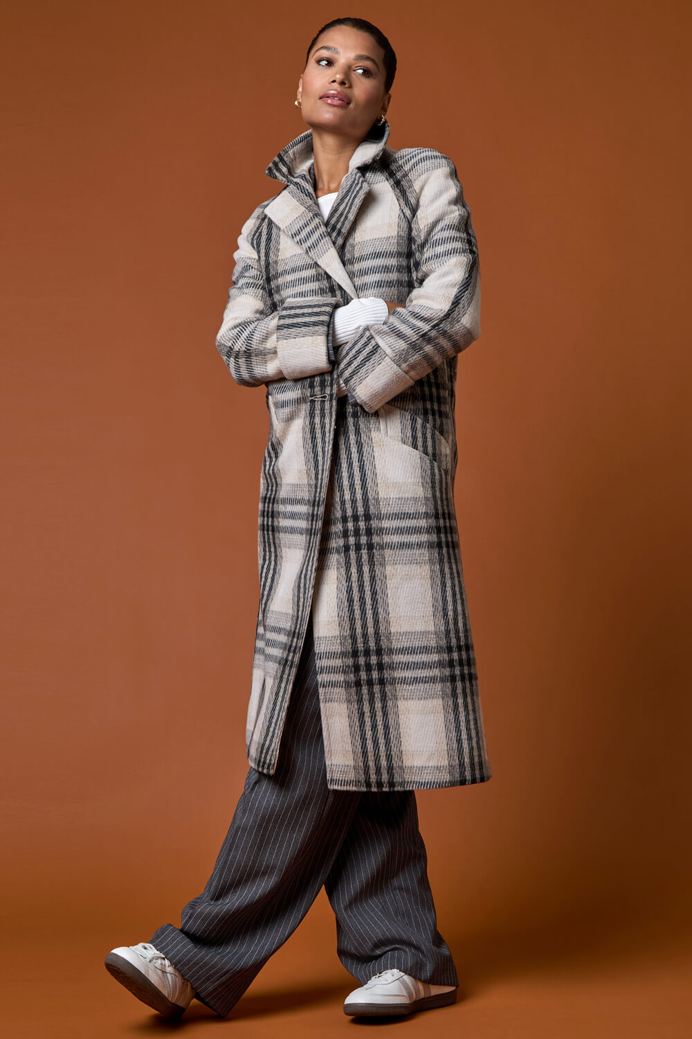 Ivory Check Print Longline Coat, Image 8 of 7