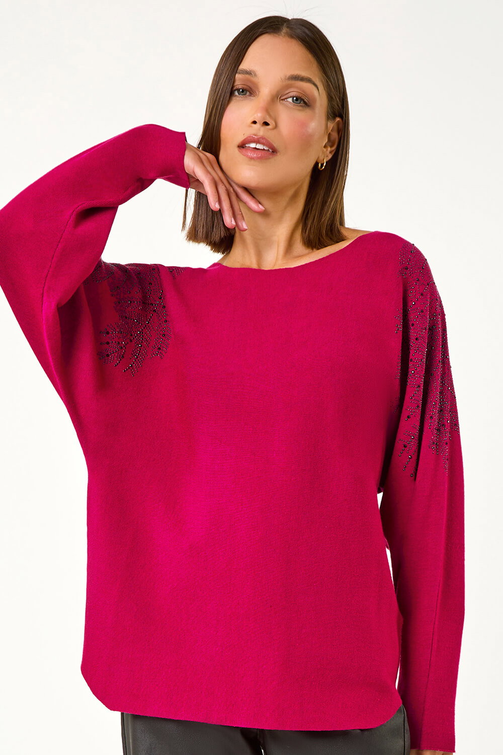 MAGENTA Leaf Sparkly Batwing Knit Jumper, Image 1 of 5