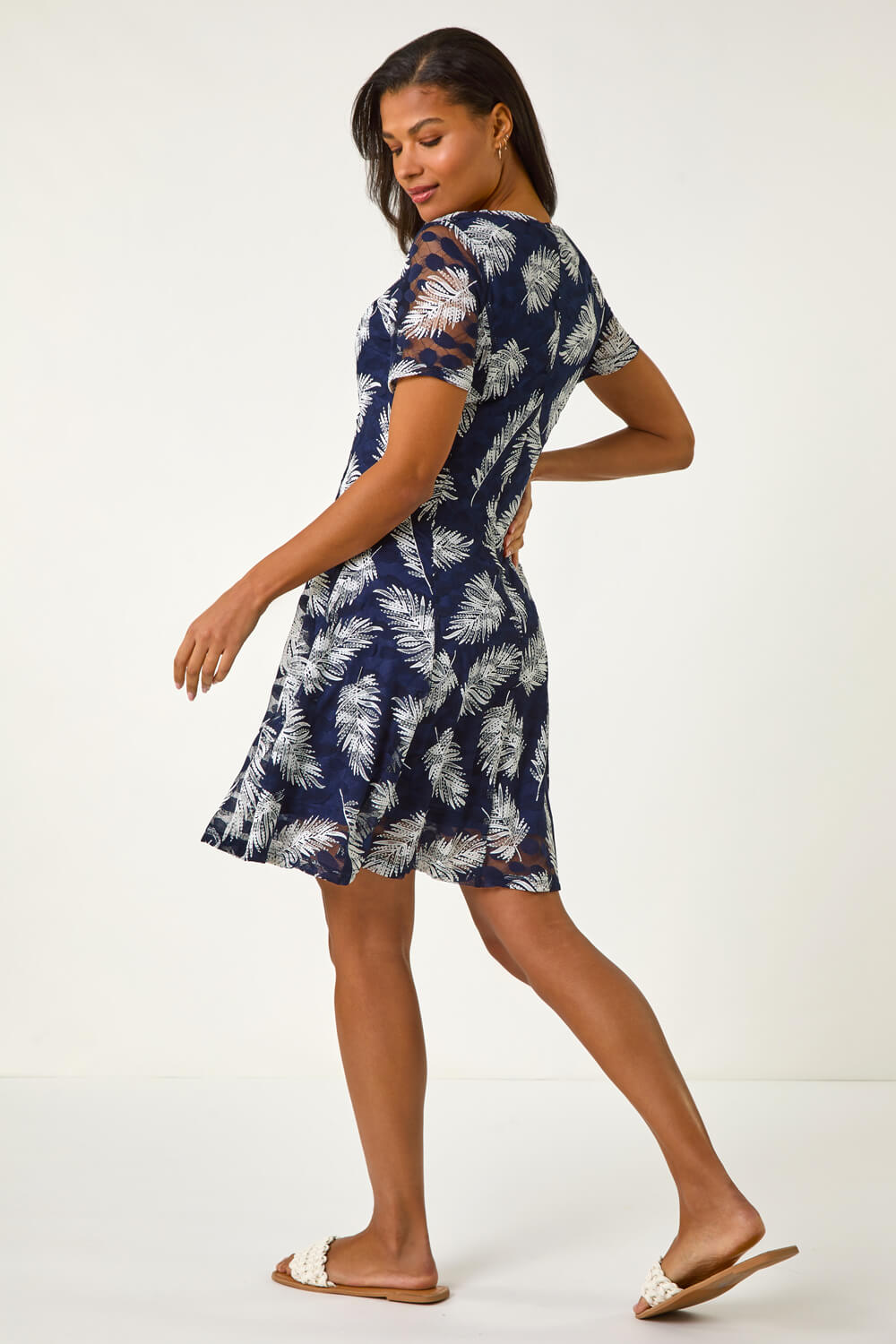 Navy Leaf Print Lace Stretch Dress, Image 5 of 5