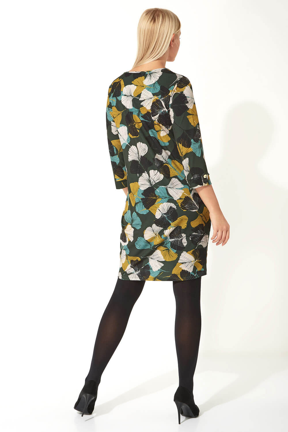 Green Leaf Print 3/4 Sleeve Slouch Dress, Image 4 of 5