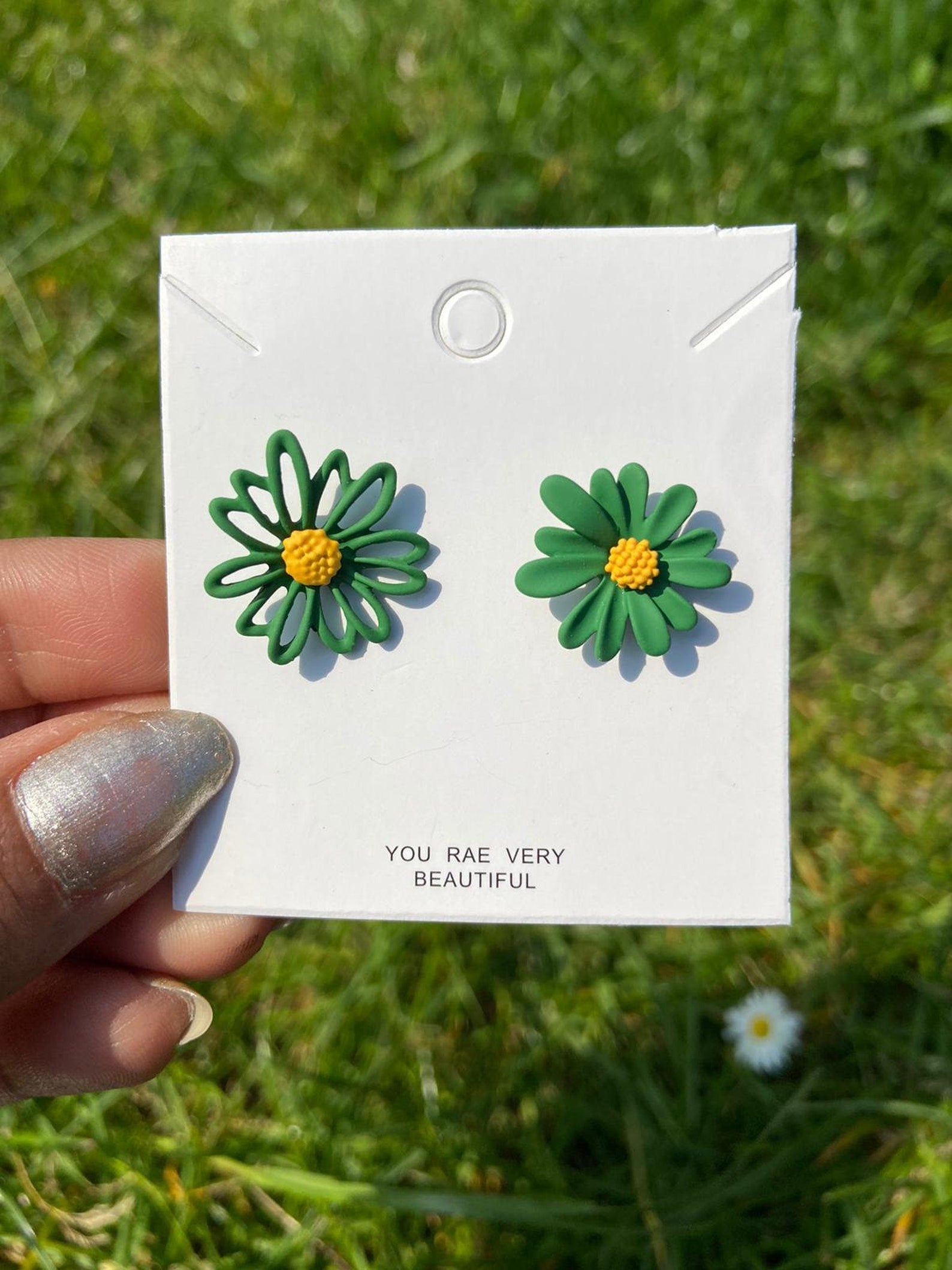 Green Floral Daisy Sunflower Summer Boho Studs, Image 4 of 8