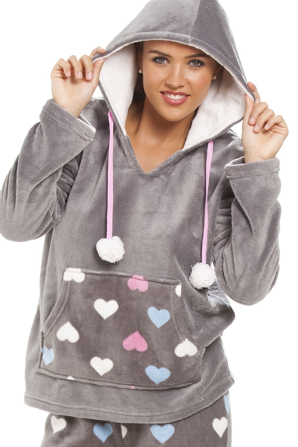 Grey Multicoloured Heart Print Supersoft Pyjama Set, Image 3 of 5