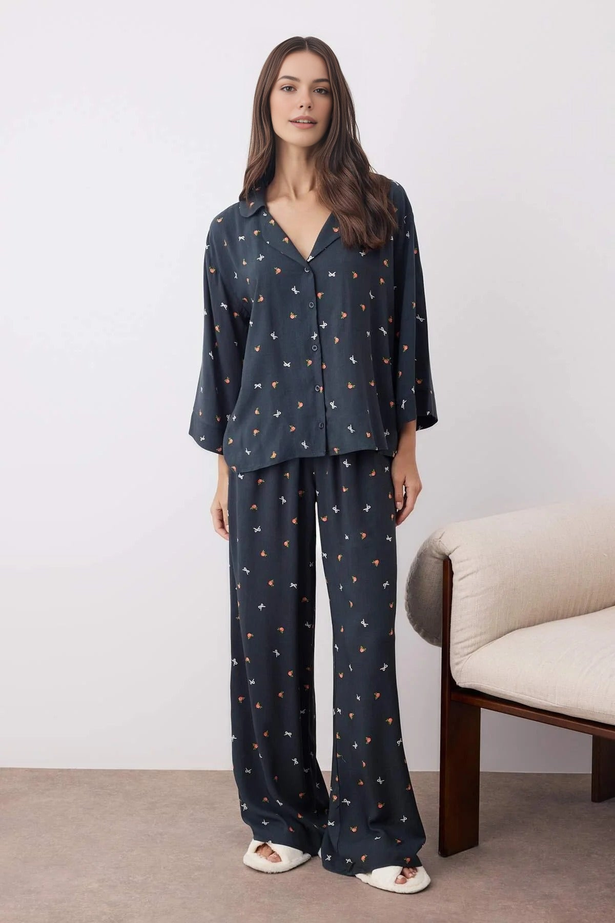 Navy WOVCOR Navy 2-Piece Printed Woven Pajama Set, Image 1 of 3