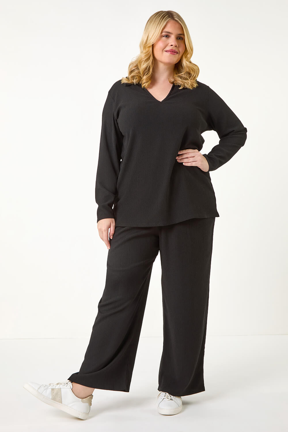 Black Curve Stretch V-Neck Collared Top, Image 5 of 5