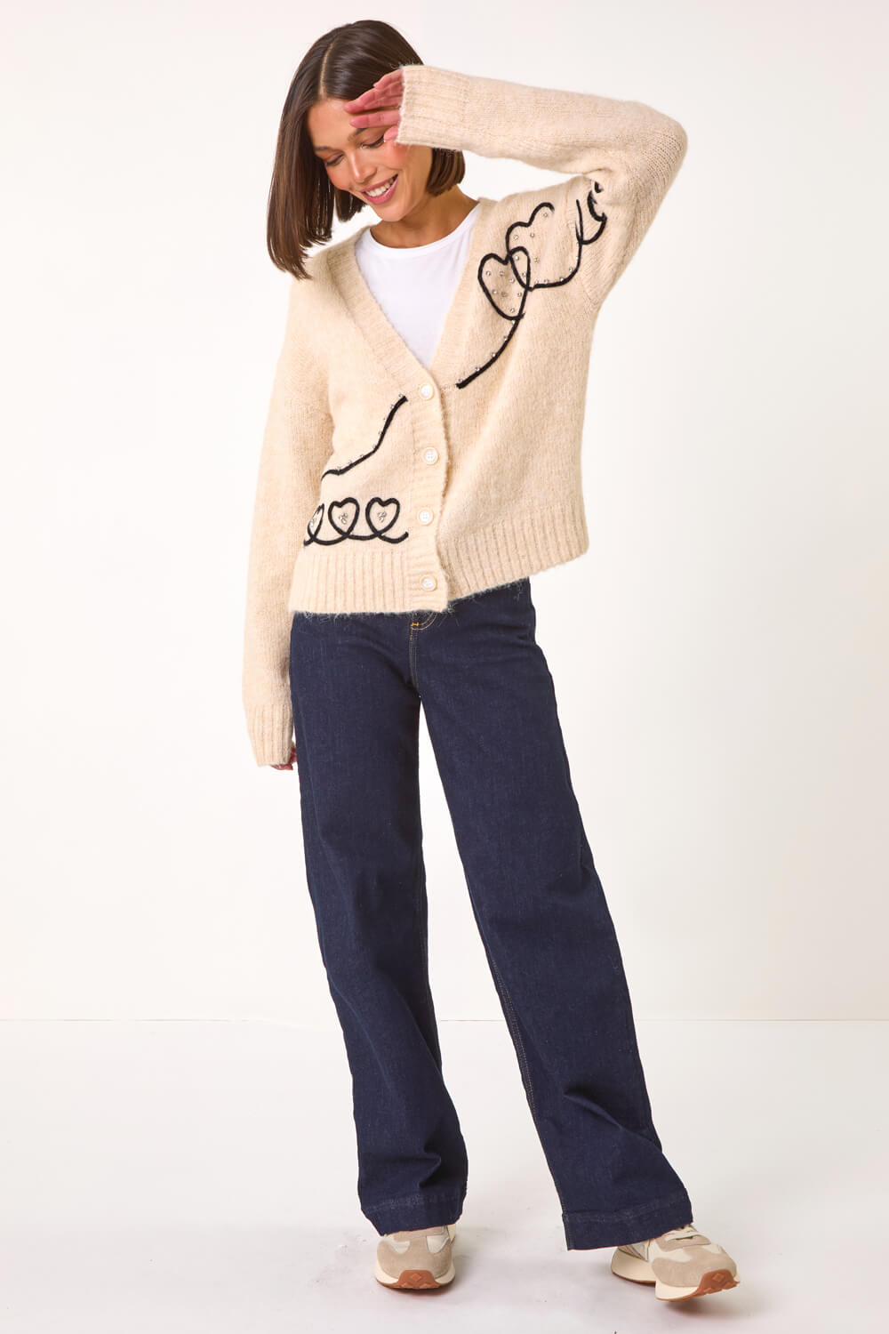 Ivory Contrast Heart Detail Cardigan, Image 3 of 5