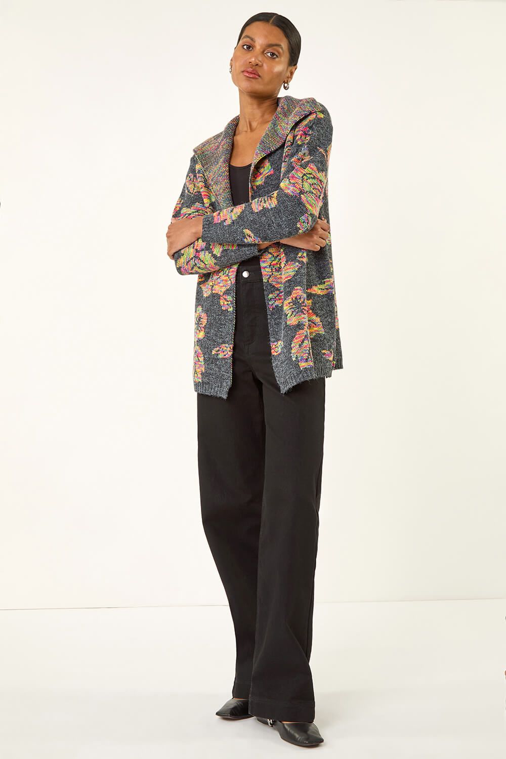 Dark Grey Floral Jacquard Knit Cardigan, Image 3 of 5
