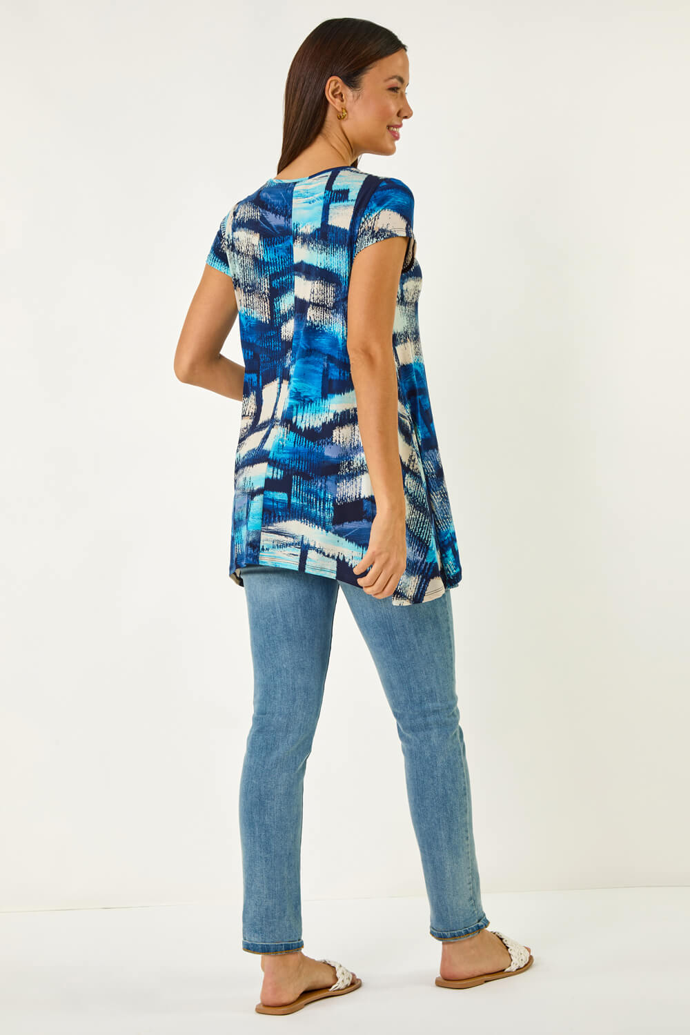 Blue Abstract Print Stretch Tunic Top, Image 4 of 5