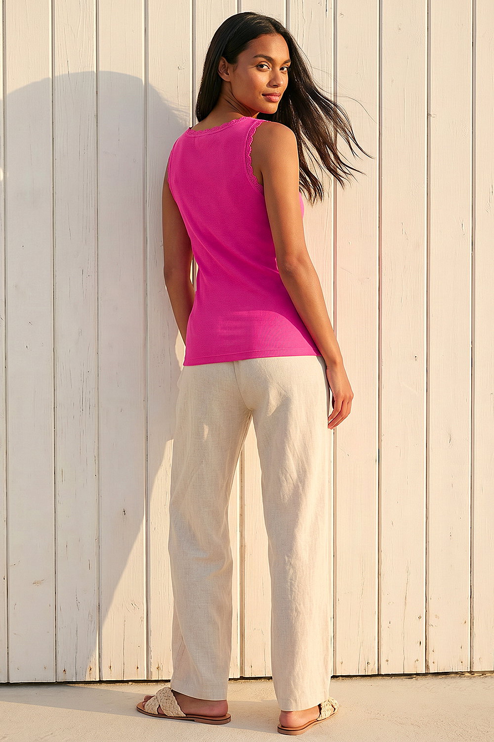 PINK Lace Trim Ribbed Vest Top, Image 4 of 4