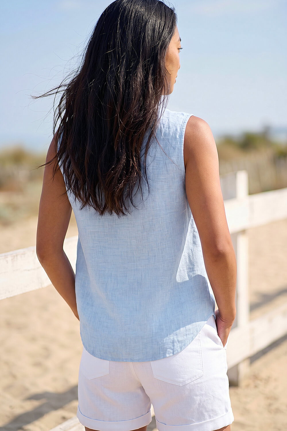 Blue Petite Buttoned Sleeveless Blouse, Image 4 of 4