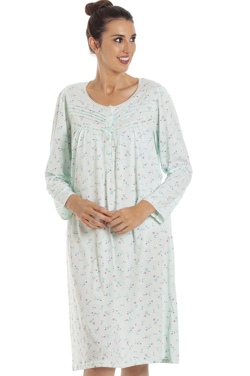 Mint Camille Lingerie Mint Jersey Long Sleeve Floral Print Nightdress, Image 1 of 5