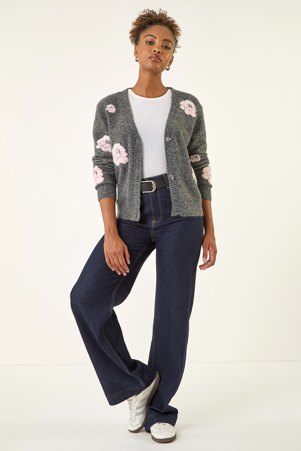 Grey Embossed Floral Knit Cardigan, Image 3 of 5