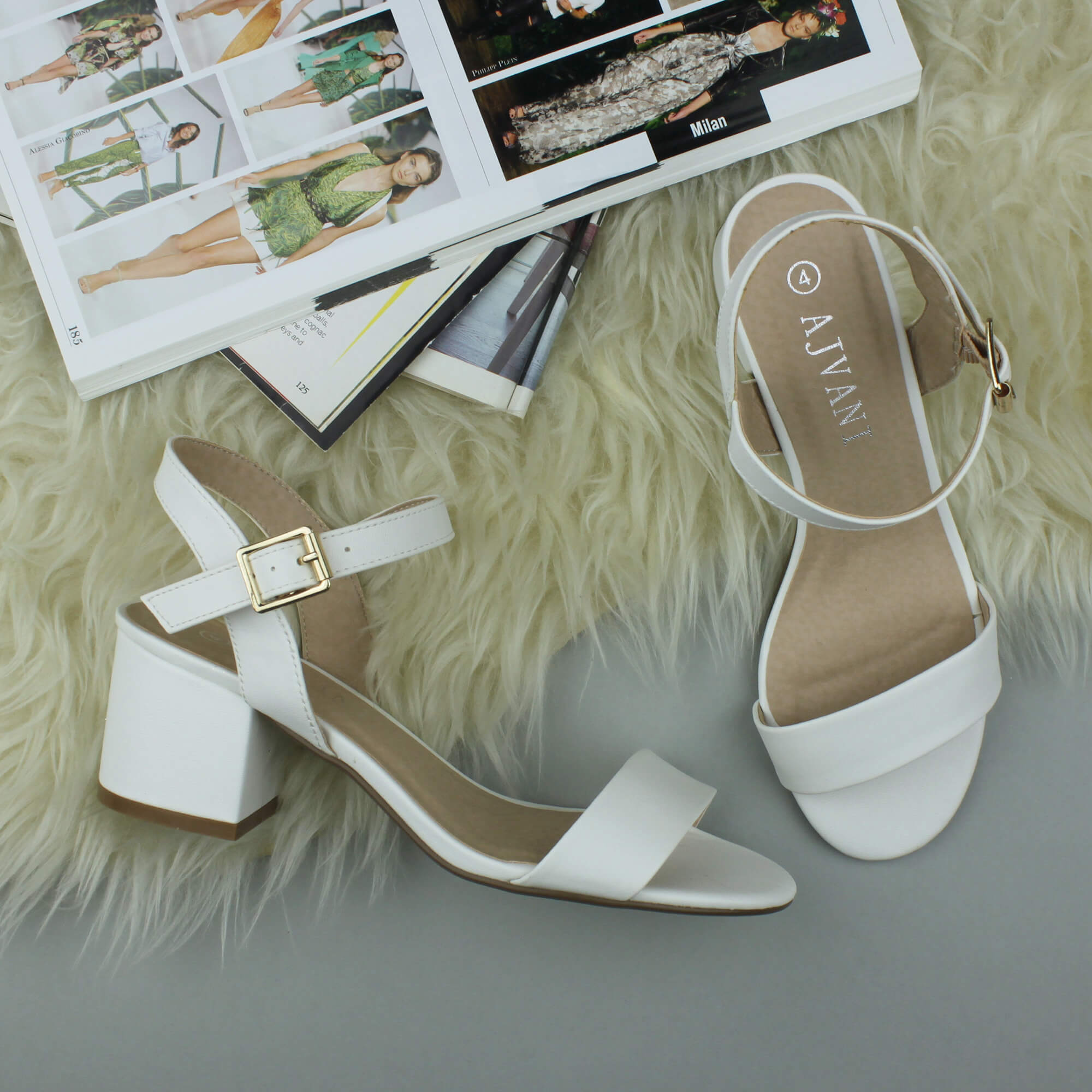 White AJVANI White Mid Block Heel Strappy Sandals, Image 4 of 6
