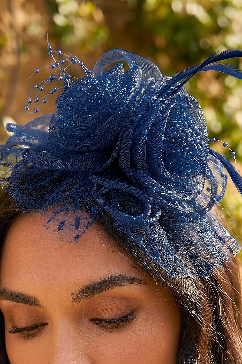 Navy Two Flower Mesh Fascinator, Image 3 of 4