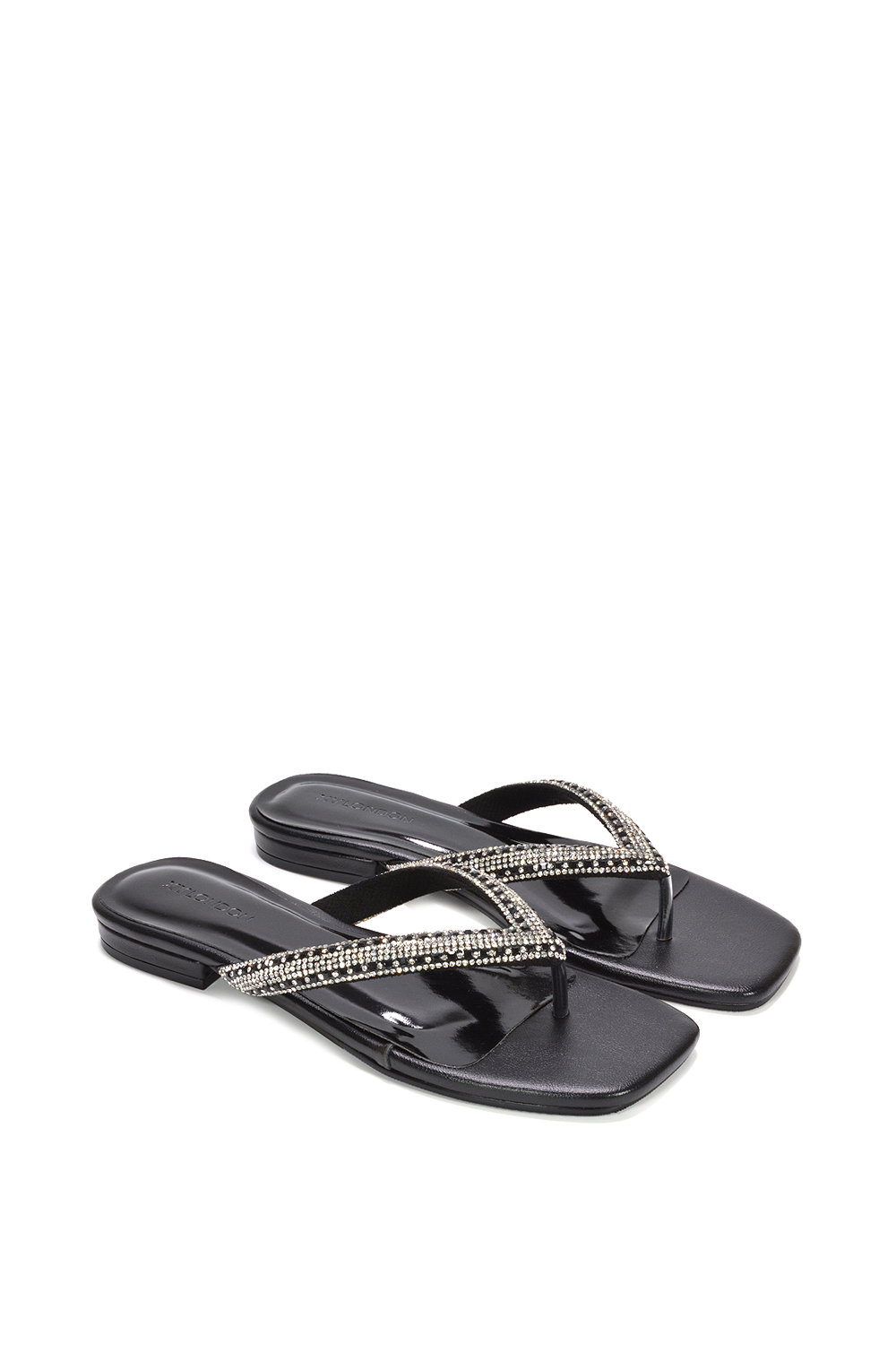 Black 'Blake' Flat Slip On Diamante Sandals With Thong Strap, Image 5 of 6