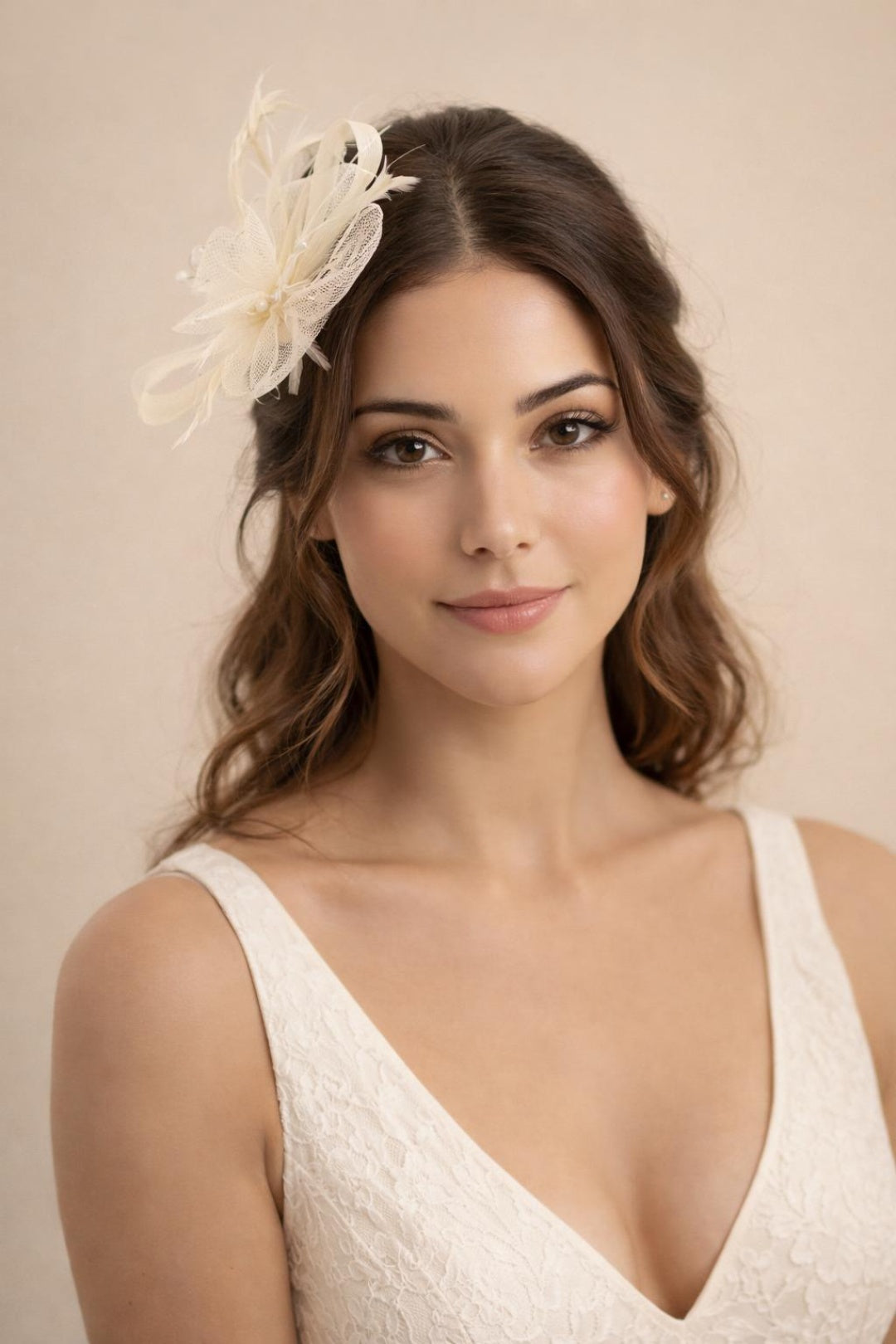Cream Crystal Feather Blossom Fascinator & Brooch, Image 1 of 3