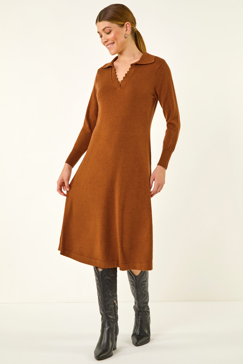 Copper Scallop Detail Knitted Midi Dress, Image 4 of 7