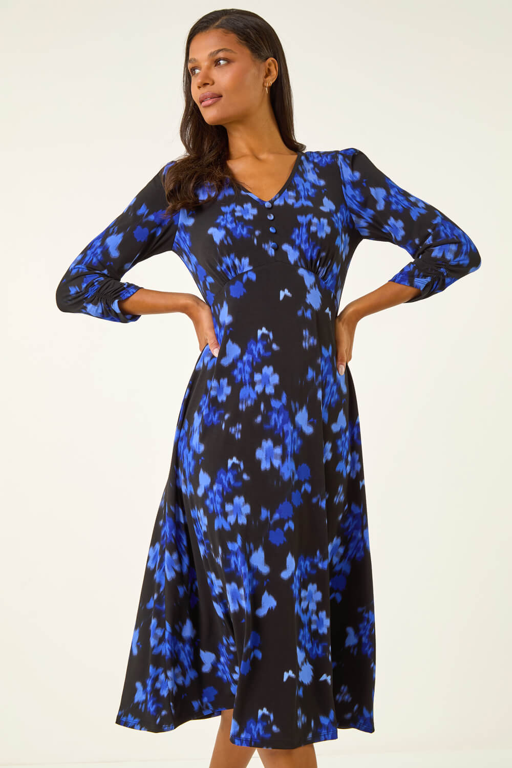 Roman Women's Royal Blue Floral Print Button Midi Dress Size 16