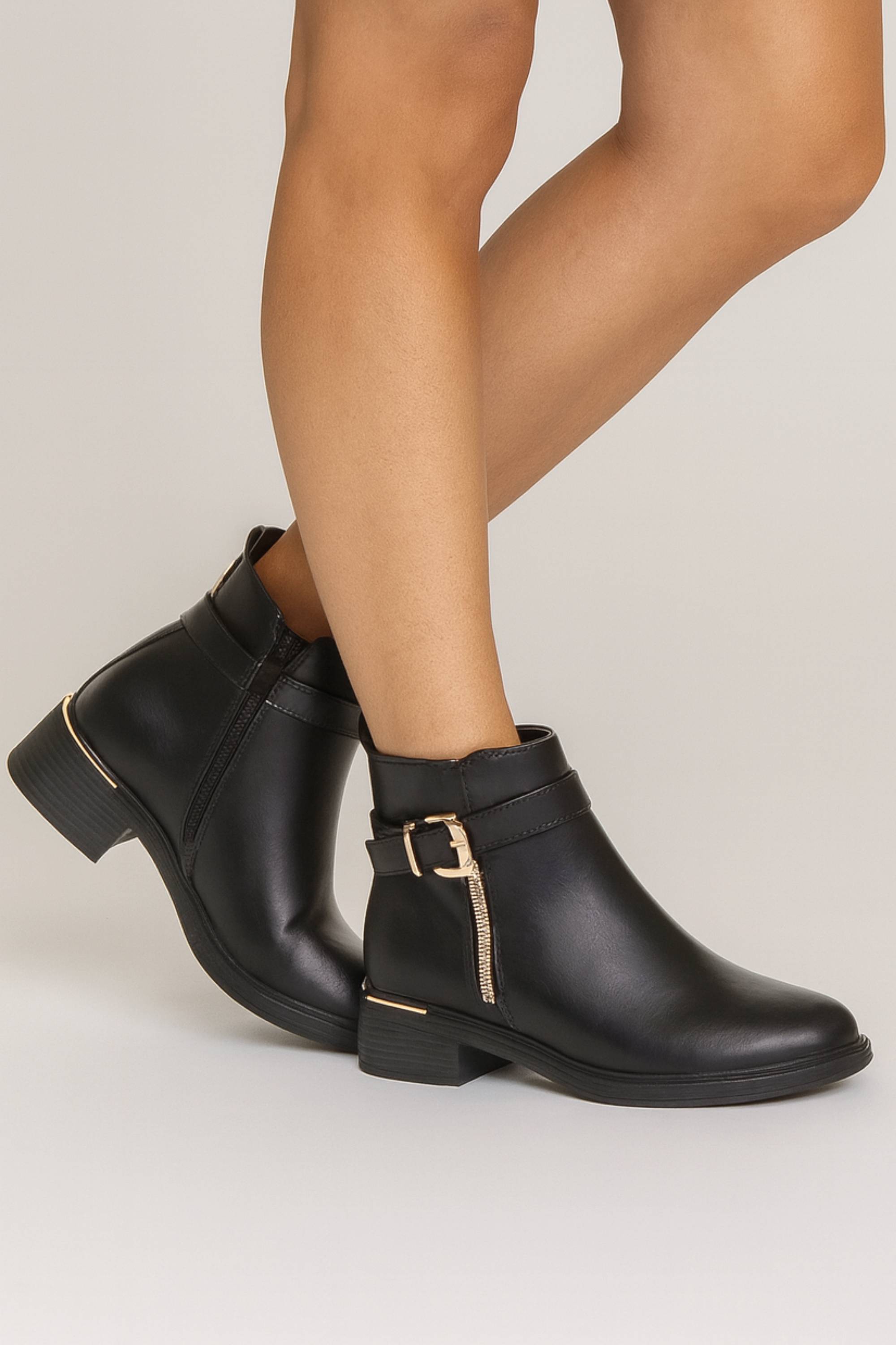 Black AJVANI Black Gold Zip Chunky Sole Buckle Ankle Boots, Image 2 of 5