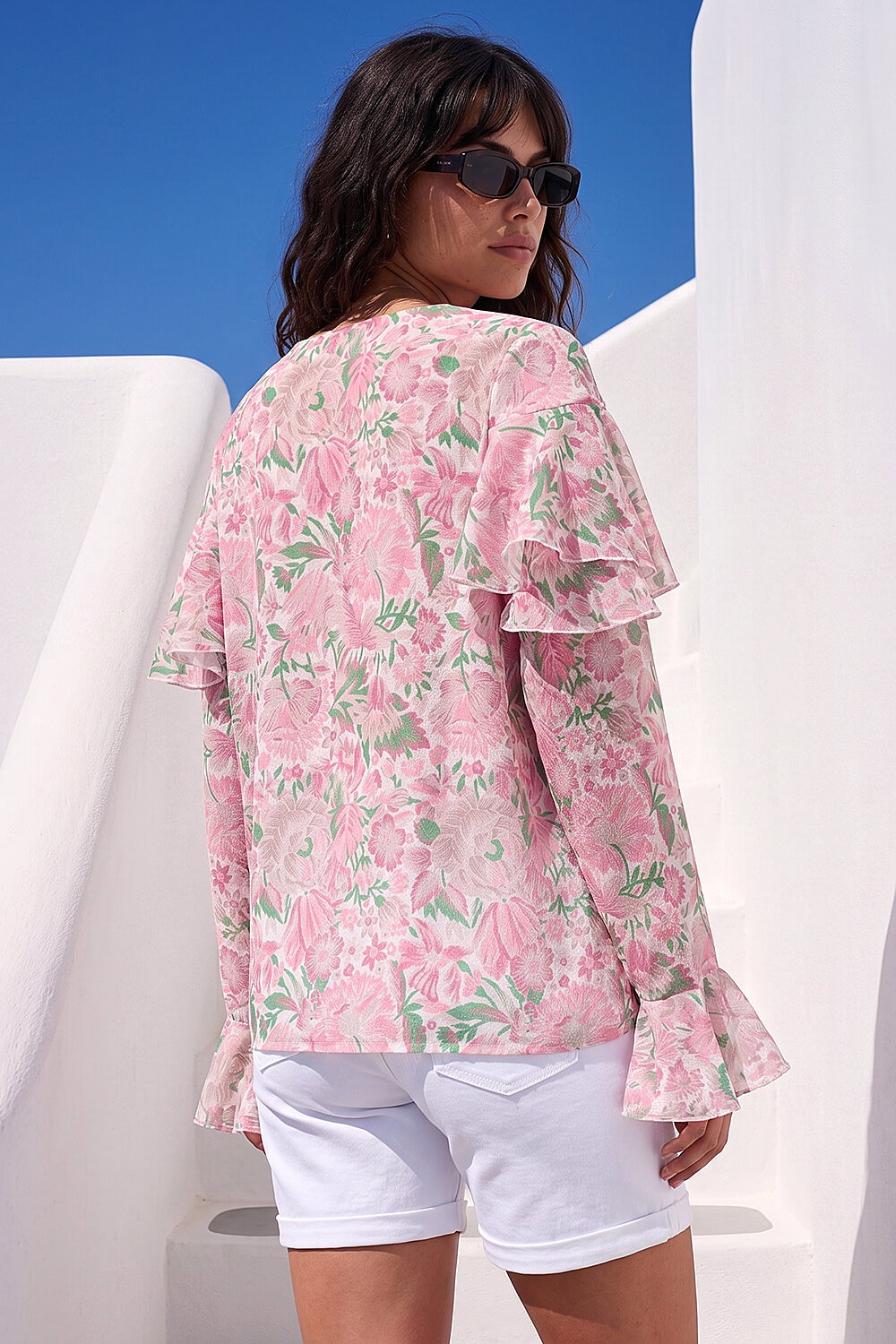 Pink Floral Print Tie Front Top, Image 3 of 4