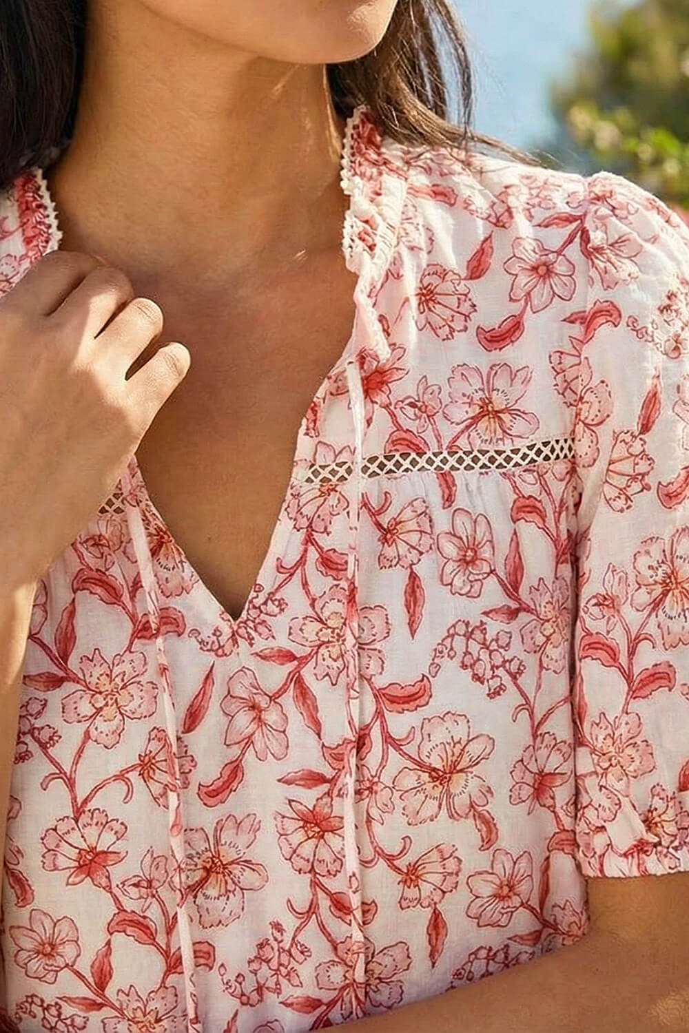 CORAL Petite Floral Border V-Neck Top, Image 5 of 4