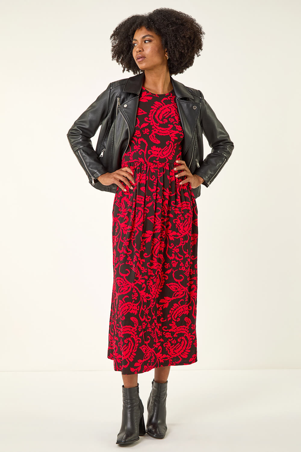 Red Paisley Print Pocket Midi Stretch Dress, Image 3 of 5