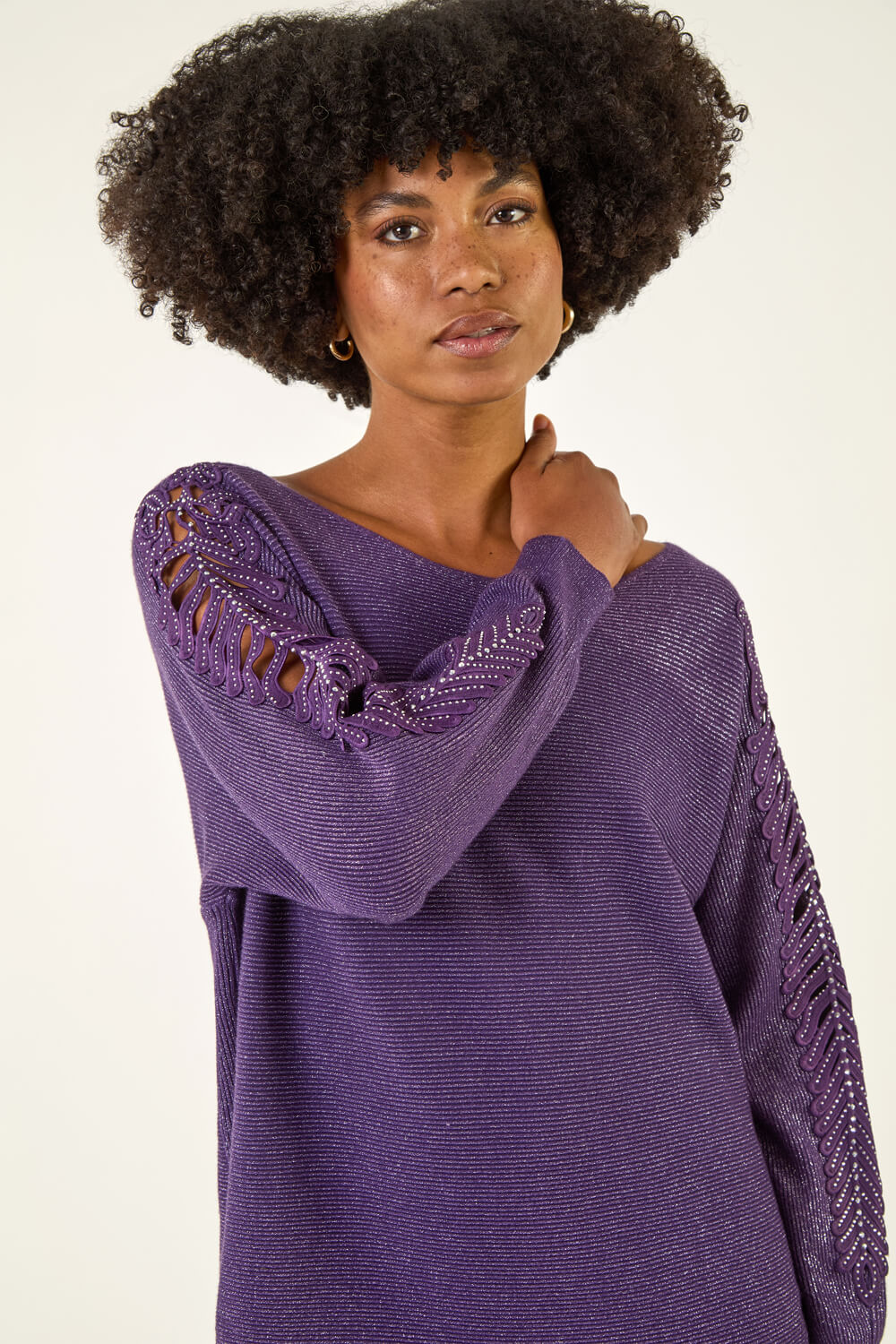 Roman Women's Purple Shimmer Leaf Knit Jumper