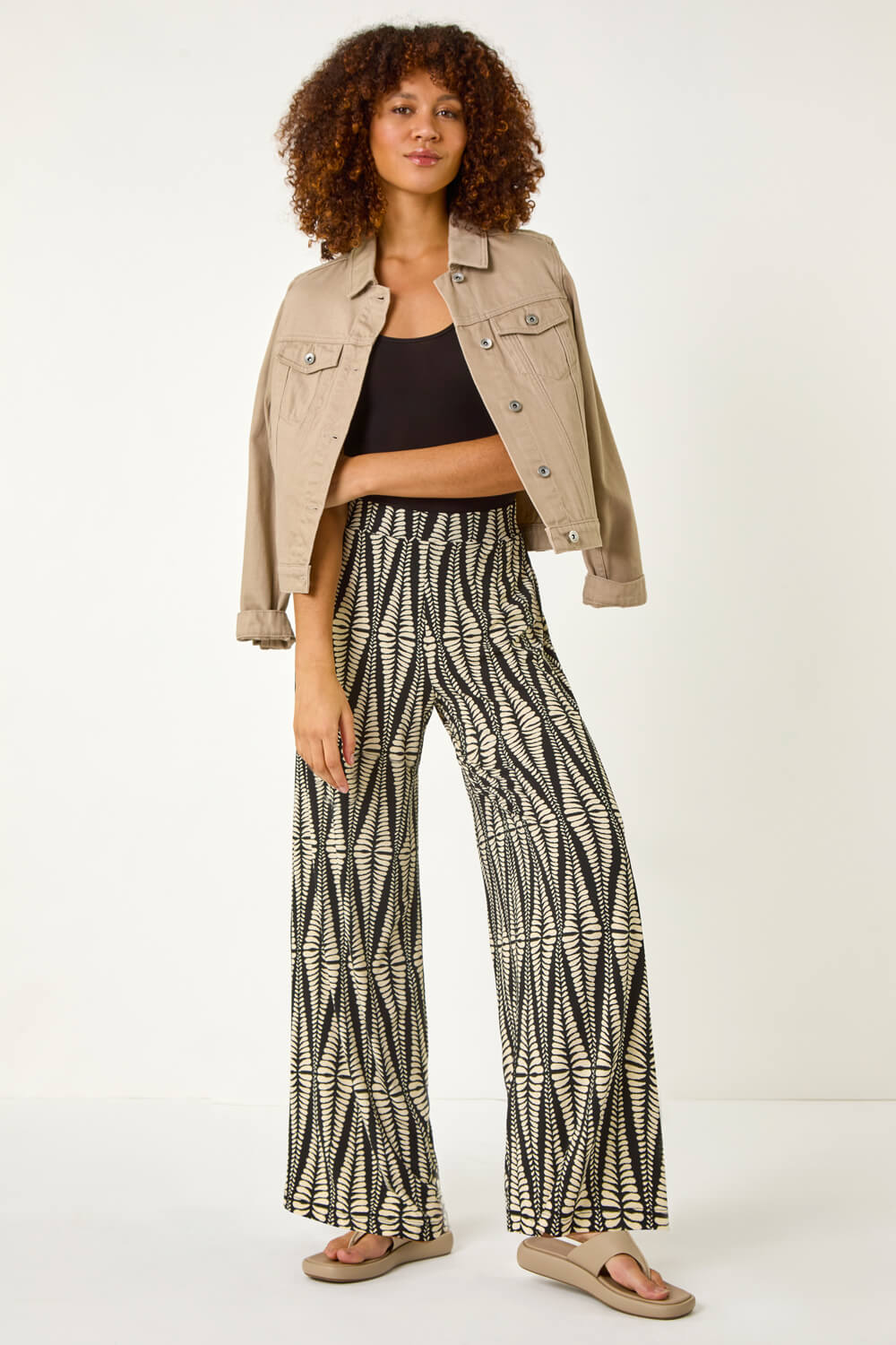 Black Mono Print Wide Leg Stretch Trouser, Image 3 of 7