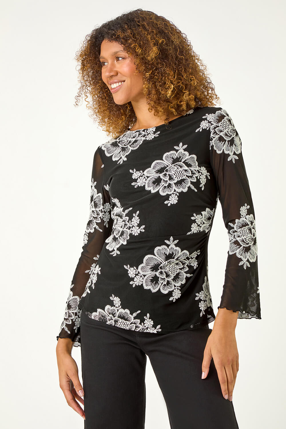 Black Floral Mesh Sleeve Stretch Top, Image 3 of 5