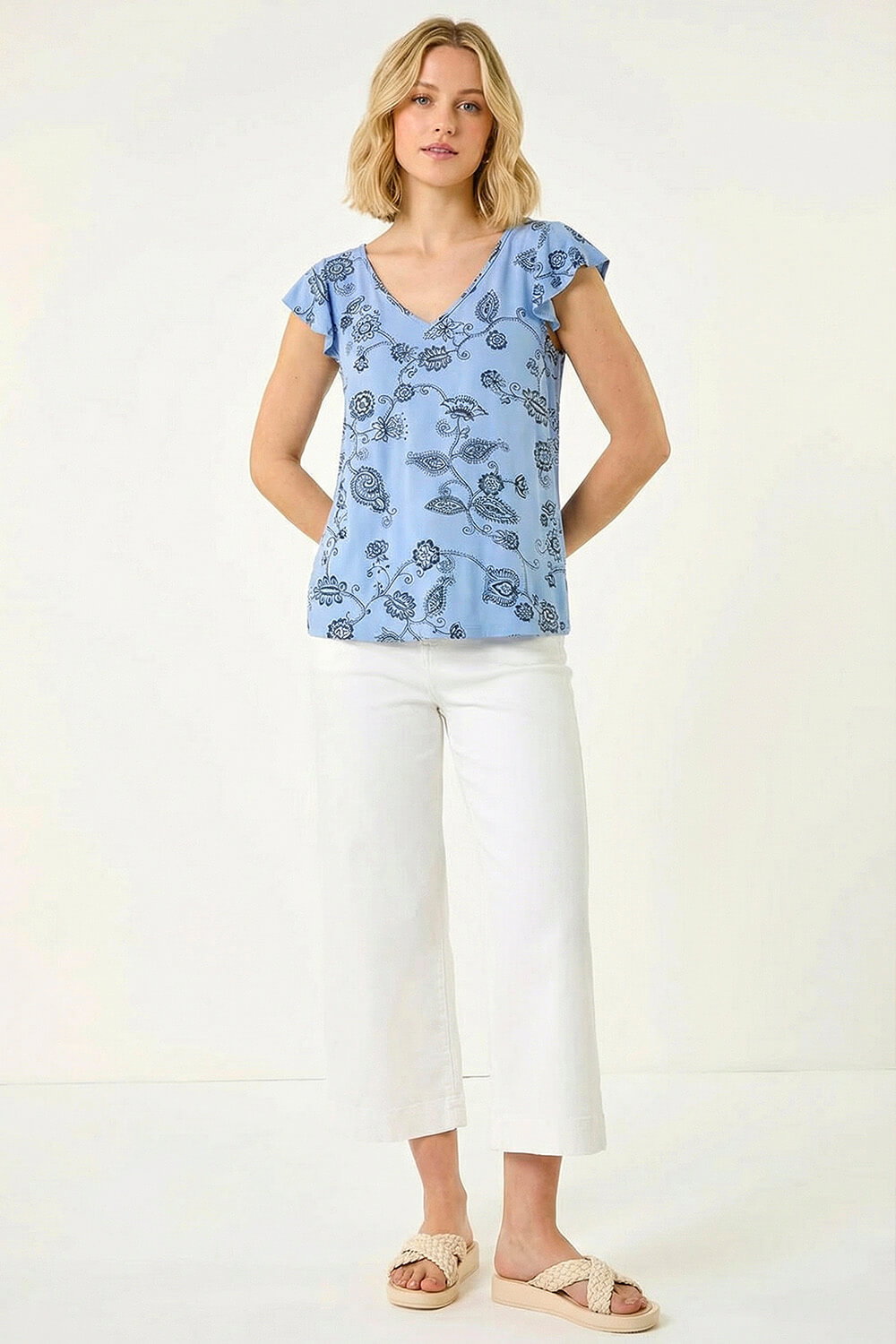 Blue Floral Frill Shoulder Vest Top, Image 3 of 5